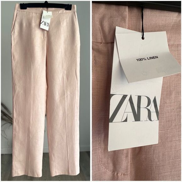 ZARA 100% LINEN STRAIGHT LEG PANTS BEIGE-PINK XS S L NWT - Picture 1 of 4